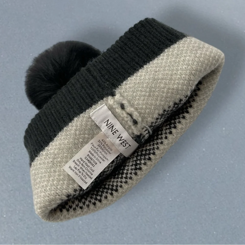 Nine West Fair Isle Faux Fur Trim Beanie Grey with Jewels RHINESTONES Knit Hat